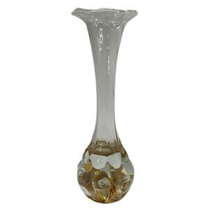 Signed Joe St Clair Bud Vase Glass Controlled Bubble Tan Floral Paperweight Vtg